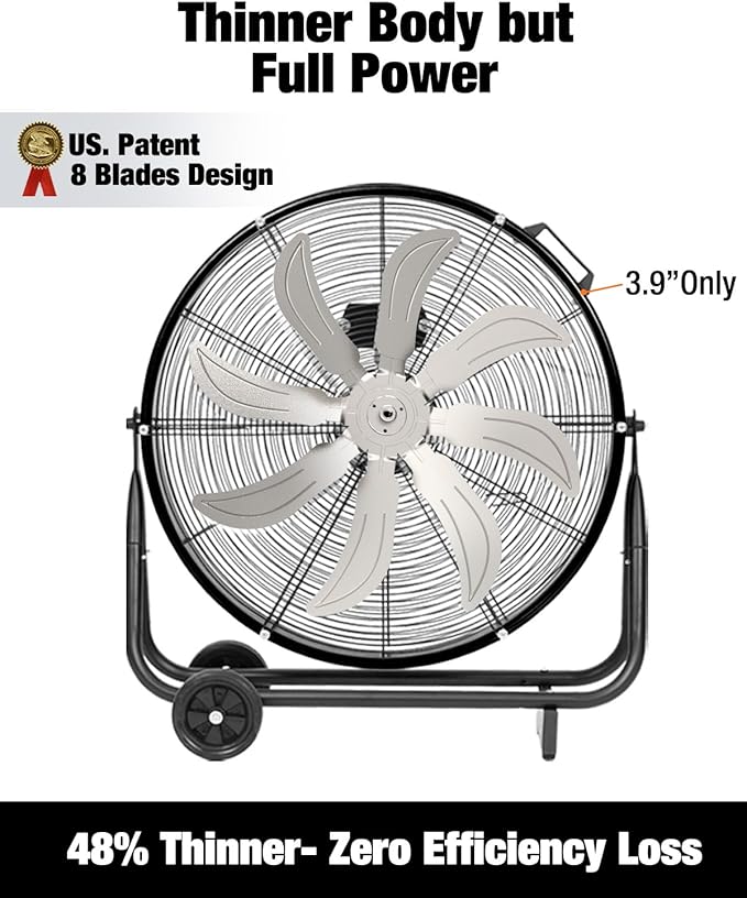 24 Inch Industrial Drum Fan, 9,500 CFM High Velocity 3-Speed Heavy Duty Metal Air Circulator with Casters Handle for Basement Warehouse Factory Workshops Patios