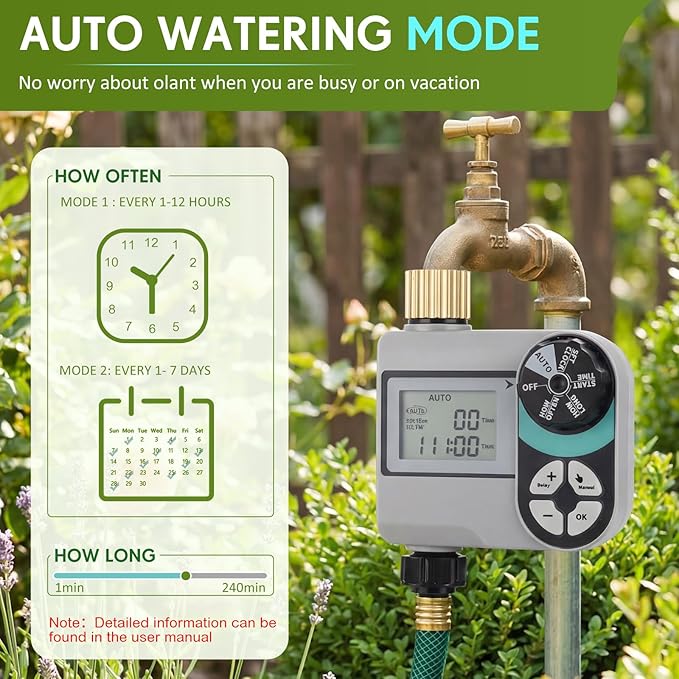 Kingdder Sprinkler Timer for Yard with Brass Inlet and Outlet Watering Timer for Garden Hose Timers Automatic Irrigation System with Rain Delay/Manual/ IP54 Waterproof(1 Outlet)