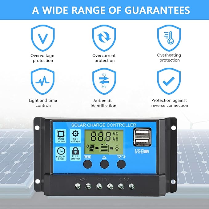 30A Solar Charge Controller, 12V/24V Dual USB Solar Panel Battery Intelligent Regulator with LCD Display, PWM Auto Parameter Adjustable, Timer Setting, Multiple Load Control Modes