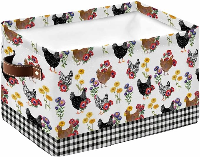 Farmhouse Rooster Storage Bins Cubes Waterproof Cloth Storage Basket,Country Watercolor Flowers Black Plaid Foldable Storage Bags for Shelf Clothes Storages Organizers with Handles 15x11x9.5 in 1PCS