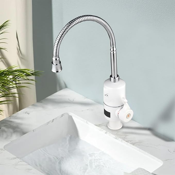 110V White Electric Heater Faucet, 1800W Hot Water Heater Faucet with LED Digital Display, Fast Heating Electric Heater Faucet with Flexible Hose for Kitchen Bathroom, US Plug 10215-NF