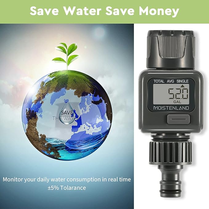 Moistenland Water Flow Meter, Standard 3/4" Hose Thread, High Accuracy and IPX6 Waterproof, Water Meter for Garden Hose/RVs