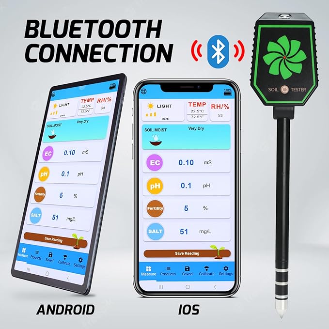 8-in-1 Bluetooth Soil Meter for pH, EC, Moisture, Fertility, Temperature, Light, and Humidity Monitoring with Real-Time App Control, Data Logging, and Precise Calibration for Plant Care