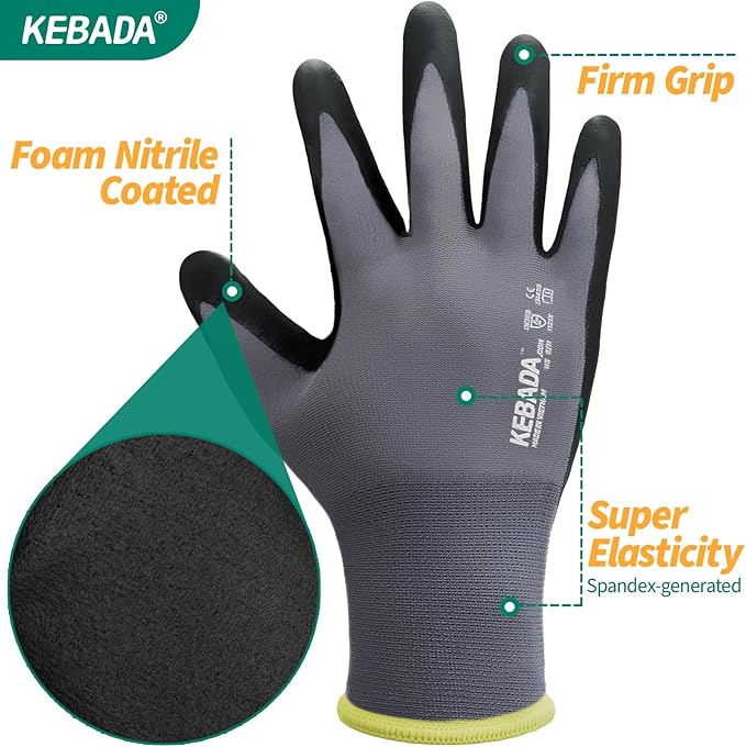 Kebada W5-12 Pairs Safety Work Gloves Foam Nitrile Coated, Seamless Knit Nylon Glove with Grip, Ideal for Mechanic, Warehouse, Construction & Gardening, X-Small