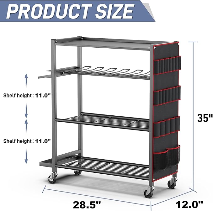 WALMANN 4-Tier Rolling Power Tool Storage Cart, Large Drill Organizer with Slots for 12 Drills, Floor Standing Cordless Tool Rack with Wheels for Garage & Workshop
