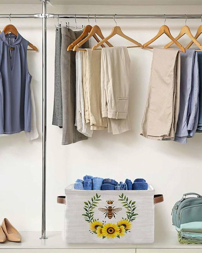 Sunflowers Bees Storage Bins Cubes Waterproof Cloth Storage Basket,Spring Farmhouse Honey Flowers Leaves Foldable Storage Bags for Shelf Clothes Storages Organizers with Handles 15x11x9.5 in 2PCS