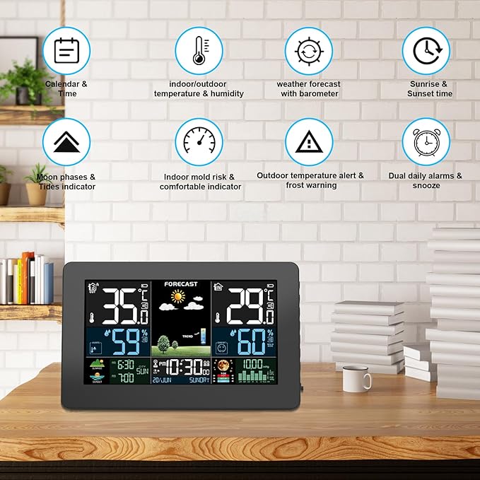 Weather Station Wireless Indoor Outdoor, Thermometer Wireless with Remote Sensor, Home Weather Station, Color Display Digital Weather Forecast, Humidity, Atomic Clock, Air Pressure for Home