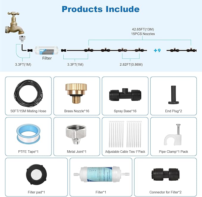 50ft/15M Misters for Outside Patio with Water Filter Misting Systems Pre-Assembled 15 Brass Mist Nozzles, Installation-Free Outdoor Misting Cooling System for Garden Waterpark Greenhouse