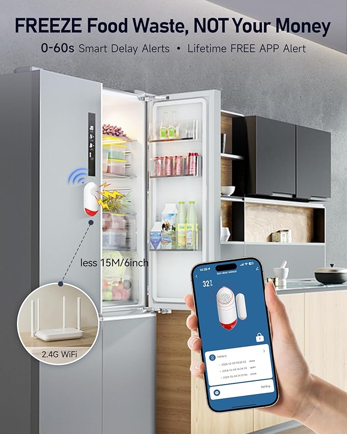 PILSAMAS Smart WiFi Freezer Refrigerator Door Alarm with APP Alerts, No Subscription Fee, 0-60s Delay, Scheduled Arm/Disarm, 0-120dB Adjustable Siren with Light for Fridge/Home/Commercial