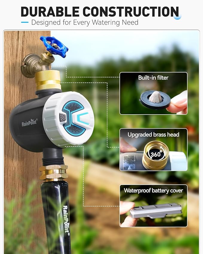RAINPOINT Bluetooth Water Timer, Sprinkler Timer for Garden Hose, Smart Automatic Irrigation System with Brass Inlet for Yard, Lawn, APP Remote Control via Bluetooth(Without Hub)