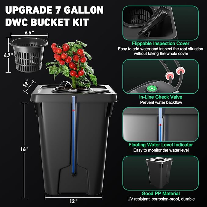 2 Buckets DWC Hydroponics Grow System with Top Drip Kit, 7 Gallon Deep Water Culture with Air Pump, Air Stone, Air Hose, Recirculating Drip Garden System