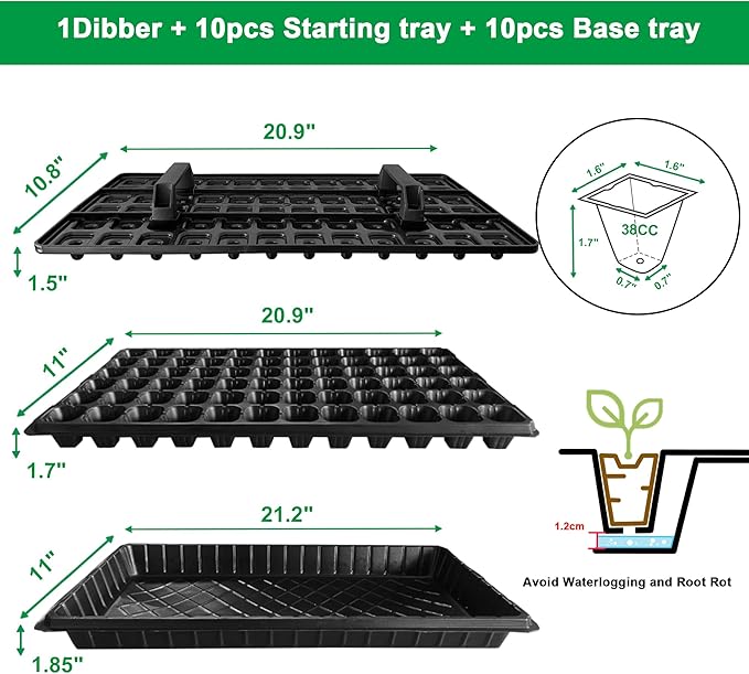 Oscorna (20Pack) 72-Cell Seed Starter Trays with Dibber, 10 Pack Nursery Starting with Base Tray, 72 Hole Soil Digger for Setting Out Quickly, Seedling Planting Tray, Germination Kit Trays Reusable