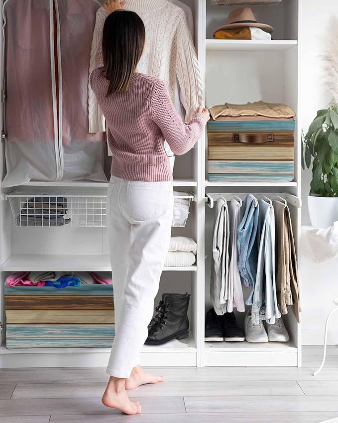 Blue Brown Storage Bins Cubes Waterproof Cloth Storage Basket, Farmhouse Rustic Wooden Plank Board Foldable Storage Bags for Shelf Closet Clothes Storage Organizers with Handles 15x11x9.5 in 2PCS