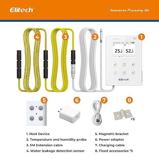 Elitech WiFi Temperature and Humidity Data Logger, 2.4GHz/5GHz Real-time Monitor with Water Leak Detector, Cloud Storage, App and Email Alerts, Includes 10M Patch Cord, RCW-800W-WI, -40°F to 176°F