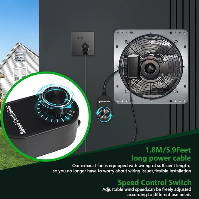 Shutter Exhaust Fan, 14 inch Wall Mount Attic Fans w/Speed Controller,1558 CFM,Chicken Coops Vent Fan for Greenhouse, Gable, Barn, Garage, Shed Ventilation Fan