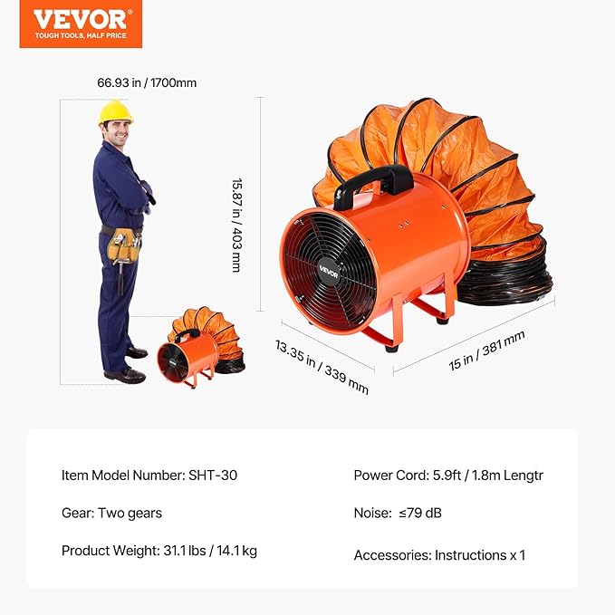 VEVOR Portable Ventilator with Hose, 2 Speed, 12 Inch Utility Blower Exhaust Fan with 33ft Flexible Duct, 367W 2894CFM High Velocity Industrial Air Mover for Extraction and Ventilation