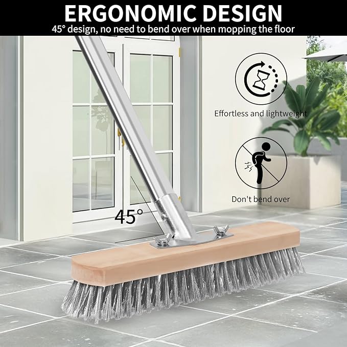 Stainless Steel Wire Scrub Brush with Long Handle, Moss Remover Wire Broom for Deck, Rough Surface, Concrete Floor, Patio, Garden, Garage (Silvery)