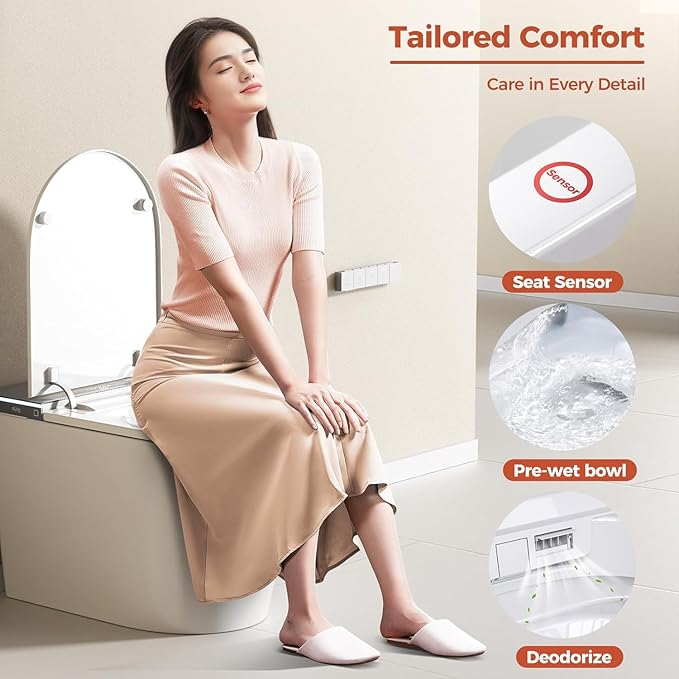 Smart Toilet with Auto Open/Close Lid - ADA Height Heated Seat, Warm Water Bidet, Dryer, Foam Shield, Night Light, Dual Auto Flush, Foot Sensor, Modern Elongated One-Piece Toilet for Bathrooms