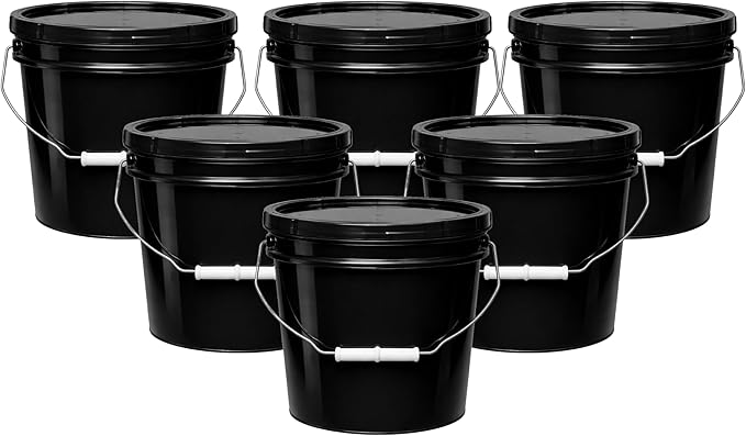 MKS Plastics 2-Gallon Bucket with Airtight Lid – Made in USA, Food Grade BPA Free Plastic, Heavy Duty Multi-Use, Metal Handle with Grip, Stackable Storage – Black, 6 Pack