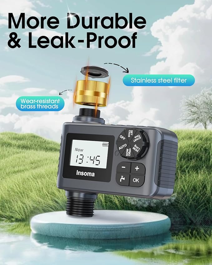 Water Timer with Brass Inlet & Outlet for Outdoor Garden Hose, Hose Timer with Rain Delay/Manual Mode, Automatic Drip Irrigation Controller System for Lawn Yard Garden Watering