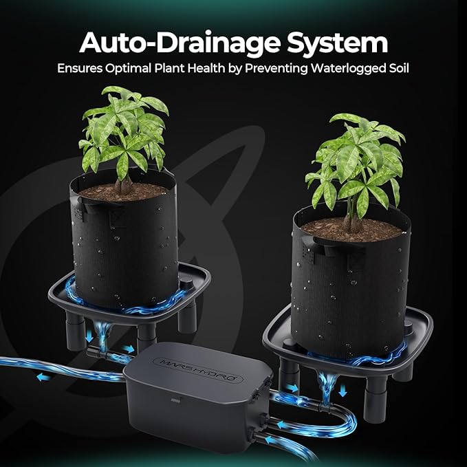 MARS HYDRO Auto Drainage System with Water Pump, 4 Elevated Runoff Trays & 4-Pack 5 Gallon Grow Bags, Plant Drainage Saucers for Indoor Plants Grow Tents