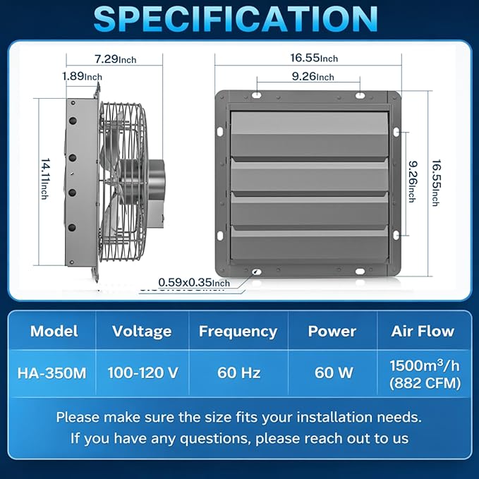 Hon&Guan 14 Inch Shutter Exhaust Fan with Stepless Speed Controller, 882 CFM High Airflow, 1600 RPM Wall Vent Fan, Automatic Gravity Shutters, Easy Install for Garage, Shed & Greenhouse, Gunmetal Gray