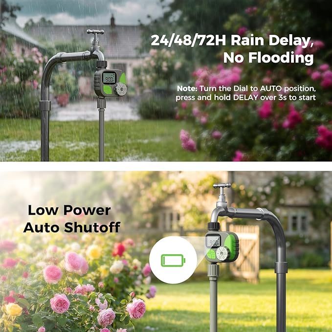 Sprinkler Timer, Watering Timer for Garden Hose, Programmable Hose Faucet Timers with Rain Delay, Outdoor Soaker Automatic & Manual Drip Irrigation Controller System for Lawn Yard Greenhouse