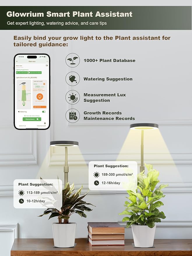 GLOWRIUM Smart LED Grow Lights for Indoor Plants G4, 12W Full Spectrum 3500K with Grow lamp, Bluetooth App Control, 10-Level Dimming, Gooseneck, Height Adjustable 16"-23", Auto Timer, (Black 12W)