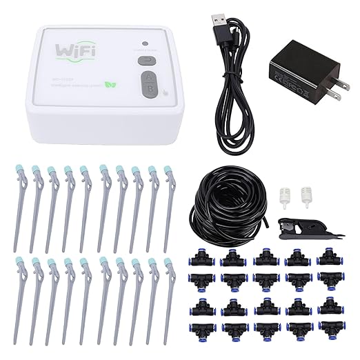 ZJchao Automatic Drip Irrigation Kit APP Control Smart Watering System with Timer Adjustable Drippers 15M Pipe for 20 Potted Plants (US Plug)