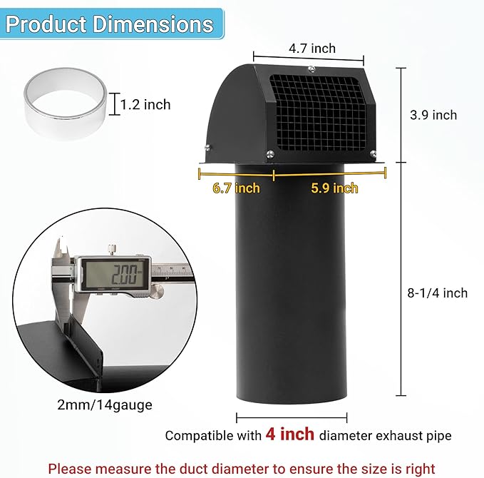 Neoaider 4 Inch Dryer Vent with Screen and Damper, 14GA/2MM Thick Heavy-Duty Steel Dryer Vent Cover, Dryer Vent Cover Outside for Dryer Ventilation and Outdoor Air Exhaust, Black