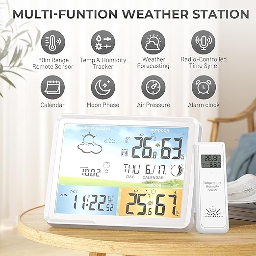 Weather Station Wireless Indoor Outdoor Thermometer, Digital Thermometer with Remote Sensor, Full Color Large Display Weather Station with Atomic Clock, Barometric Pressure, Weather Forecast-White
