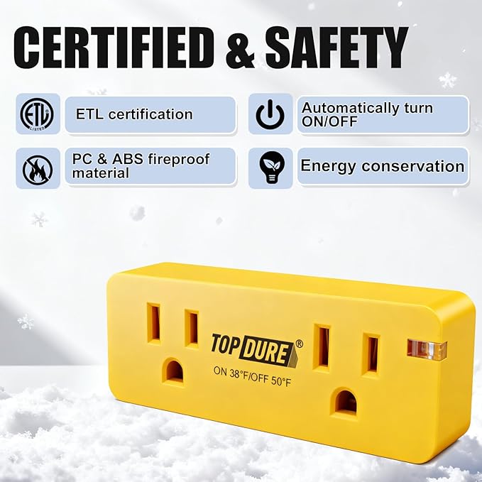 Thermostat Plug Outlet for Heat Cables, Temperature Controlled Outlet with Auto On at 38℉/Off at 50℉