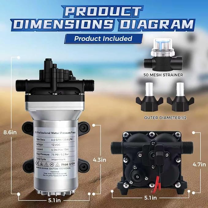 2026 Upgraded RV Water Pump, 12V 6.0 GPM High-Flow, Ultra-Quiet 75PSI Self-Priming Diaphragm Pump with Adjustable Pressure Switch & Strainer for RV, Marine, Camper, Boat (Run-Dry Safe)