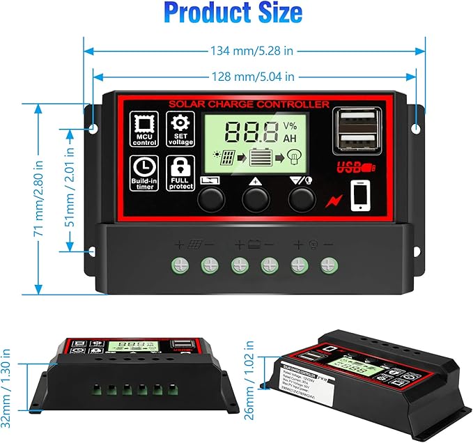 [Upgraded] 30A Solar Charge Controller, Black Solar Panel Battery Intelligent Regulator with Dual USB Port 12V/24V PWM Auto Paremeter Adjustable LCD Display (30a)