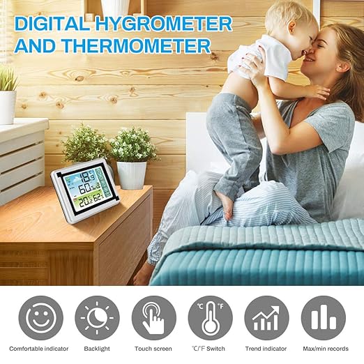 Number-one Wireless Weather Station Indoor Outdoor Thermometer with Remote Sensor, Digital Temperature and Humidity Monitor with LCD Backlight, Touchscreen, Min/Max Records for Home, Office, Baby Room