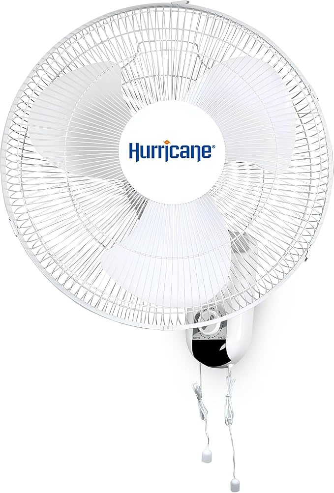 Hurricane Classic Oscillating Wall Mount Fan w/ 3 Quite Speeds, White, 16" - Corded Electric Air Cooling Unit w/ Easy Pull Cord Controls for Home, Grow Tents, Offices, Sheds, Studios, Garages & Dorms