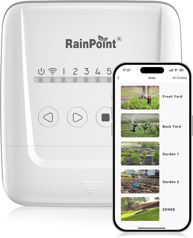 RAINPOINT Smart Sprinkler Controller, WiFi Sprinkler Controller 8 Zone-Local Weather Intelligence, Programmable Smart Irrigation System with APP Remote Control, Rain Skips, Rain Sensor Compatibility