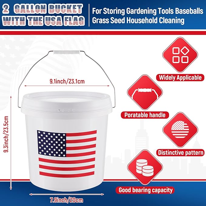 Threehoney 6 Pcs 2 Gallon Plastic Bucket with Lid and Handle, Large White Heavy Duty Bucket with American Flag for Home Gardening Tools Household Cleaning Baseballs Storage Container