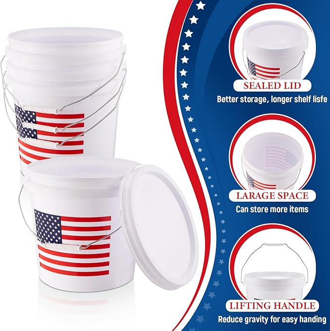 Threehoney 6 Pcs 2 Gallon Plastic Bucket with Lid and Handle, Large White Heavy Duty Bucket with American Flag for Home Gardening Tools Household Cleaning Baseballs Storage Container
