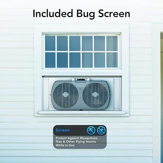 Comfort Zone 9-Inch 3-Speed Reversible Twin Window Fan – Dual Blade Window Exhaust Fan with Auto-Locking Expanders, 22.25" to 33" Wide – Tabletop Feet & Removable Bug Screen included