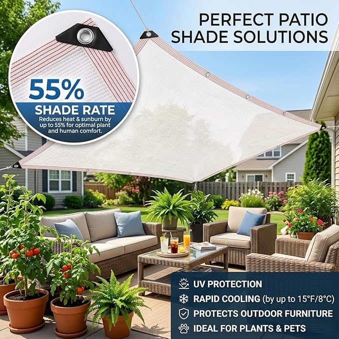 White Shade Cloth for Garden, 50% Mesh Tarp with Grommets, Breathable Sun Shade Cloth for Greenhouse, Plants Cover, Patio, Chicken Coops, HDPE Shade Net for Outdoor UV Resistant(14x32ft)