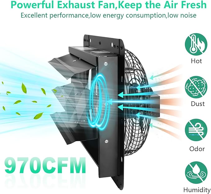 12 Inch Shutter Exhaust Fan,Wall Mount Ventilator Fan with ON/OFF Switch,Attic Vent Fan for Greenhouse, Gable, Barn, Garage, Shed,Chicken Coops Ventilation Fans 970 CFM 1680RPM