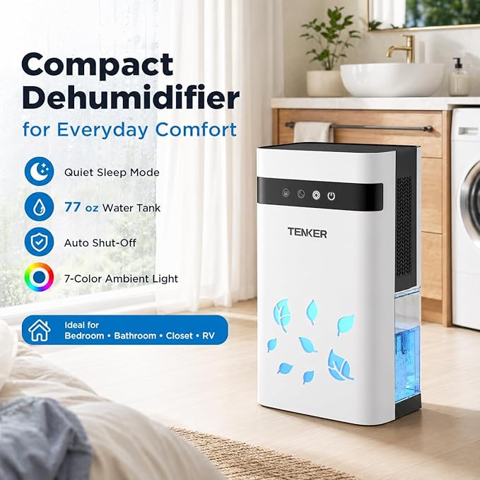 TENKER Dehumidifier for Home, 77oz Water Tank (1000 sq.ft) Dehumidifiers, Quiet Dehumidifier with Auto Shut Off, Sleep Mode, 7-Color LED Light for Closet Bedroom Bathroom RV, White