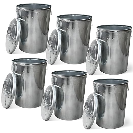 Plexon 20 Gallon Metal Trash Can with Lid Outdoor Large Trash Bin Galvanized Steel Garbage Can for Farm Garage Patio Ash Bucket Bird Seed Storage Can Heavy Duty Round Container, 6 Pack