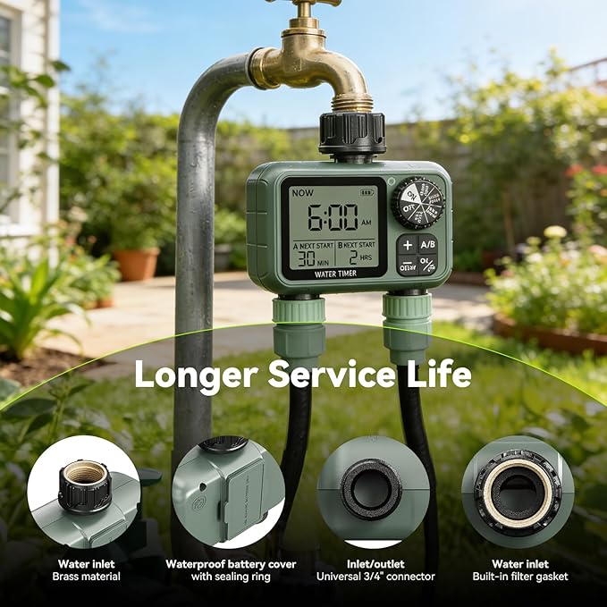 CMARS 2 Zone Sprinkler Timer for Garden Hose – Features Rain Delay, Manual & Automatic Modes, Brass Inlet, Dual Outlet Design, Programmable Watering & Drip Irrigation Ready for Lawn Yard