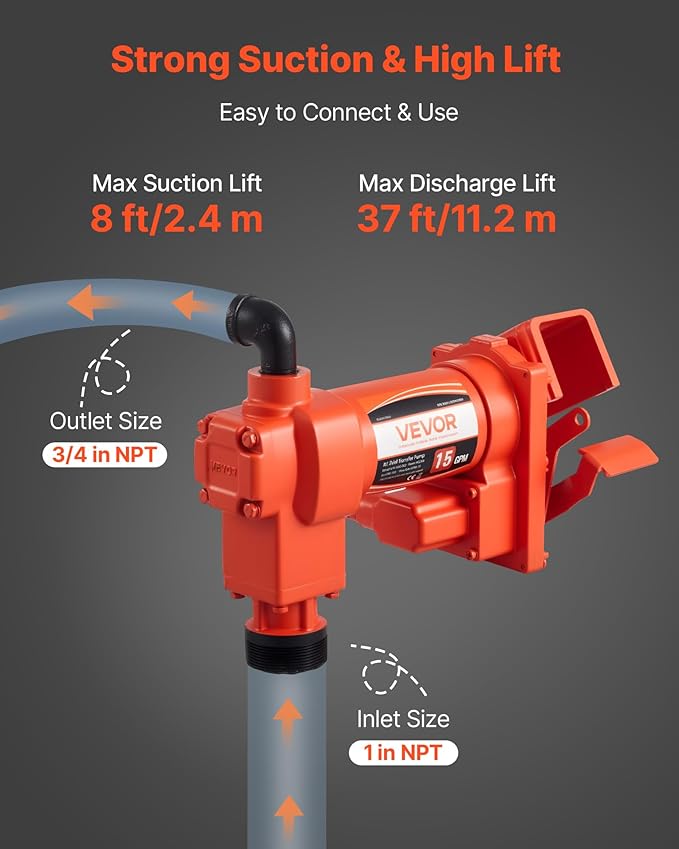 VEVOR Fuel Transfer Pump 110V, 15 GPM 57 L/min, AC Electric Oil Transfer Pump, 8 ft/2.4 m Max Suction Lift, 37 ft/11.28 m Max Lift, Overheat Protection, for Gasoline Diesel Kerosene Biodiesel Ethanol