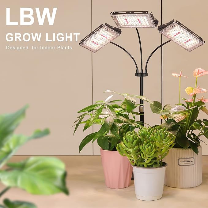 LBW Grow Light for Indoor Plant,Full Spectrum Tri-Head Desk Plant Light,Grow Lamp with 3H/6H/12H Timer,6-Level Brightness,3 Lighting Mode,Height Adjustable,Flexible Gooseneck,Ideal for Indoor Growth