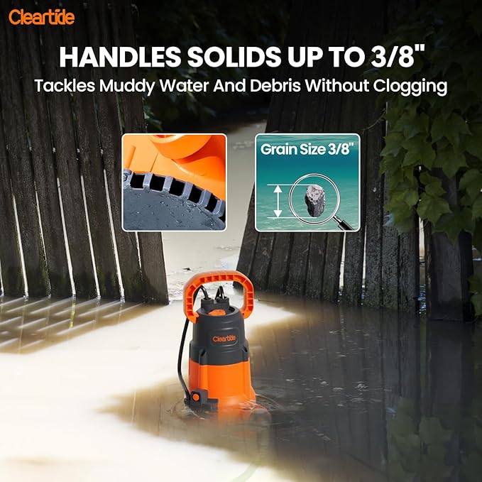 Cleartide 1/3 HP Submersible Utility Pump, 2790 GPH High Flow, Thermoplastic Portable Sump Pump with Auto Water Sensor, Ideal for Flooded Basement & Yard, Hot Tub, Pond & Garden Draining, 10 FT Cord