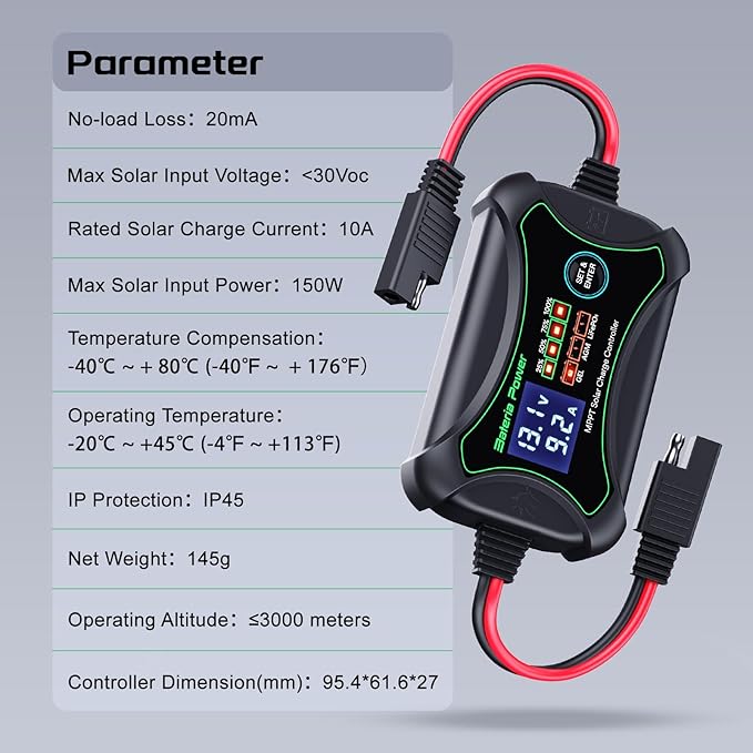 10Amp 12 Volt MPPT Solar Charge Controller, Bateria Power Intelligent Portable Solar Panel Controller, Max PV 150W 30Voc Solar Regulator for Gel AGM Lead-Acid, Lithium LiFePO4 Battery (SunRock 10)