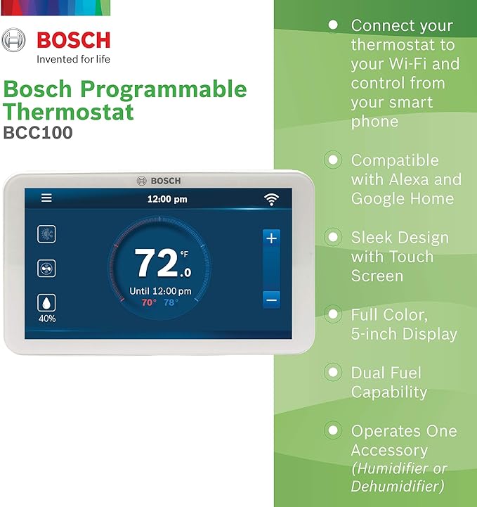 Bosch Large 5-Inch Full-Color Touch Screen Sleek Easy Setup Connected Control Smart Phone Wi-Fi Thermostat for 24V HVAC Systems with Bosch Connected Control App